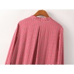 Red White Leaves Pattern Cotton Long Sleeves Blouse Shirt