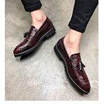 Burgundy Patent Tassels Croc Mens Pointed Head Loafers Dress Shoes Flats