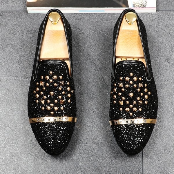 Black Glitters Bling Bling Gold Studs Loafers Dress Dapper Man Shoes Flats