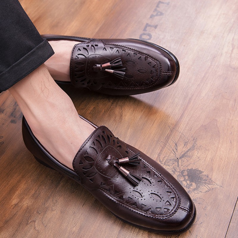 Brown Tassels Hollow Out Mens Loafers 