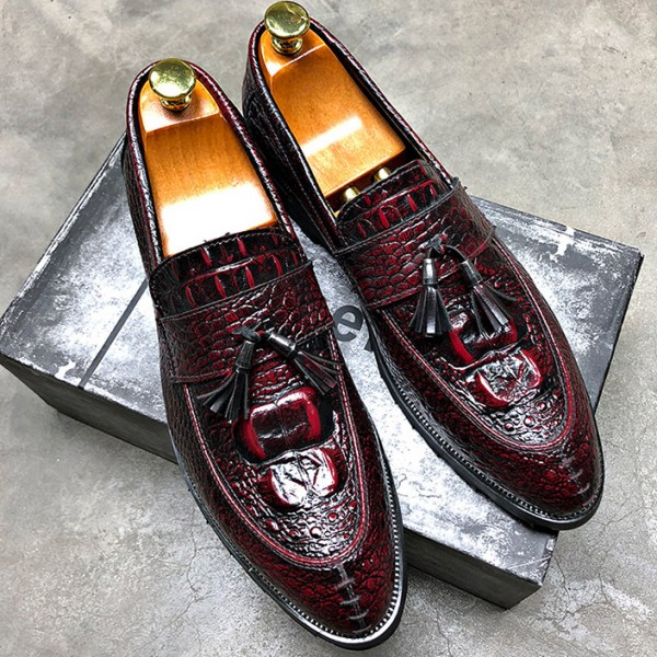 Burgundy Patent Tassels Croc Mens Pointed Head Loafers Dress Shoes Flats