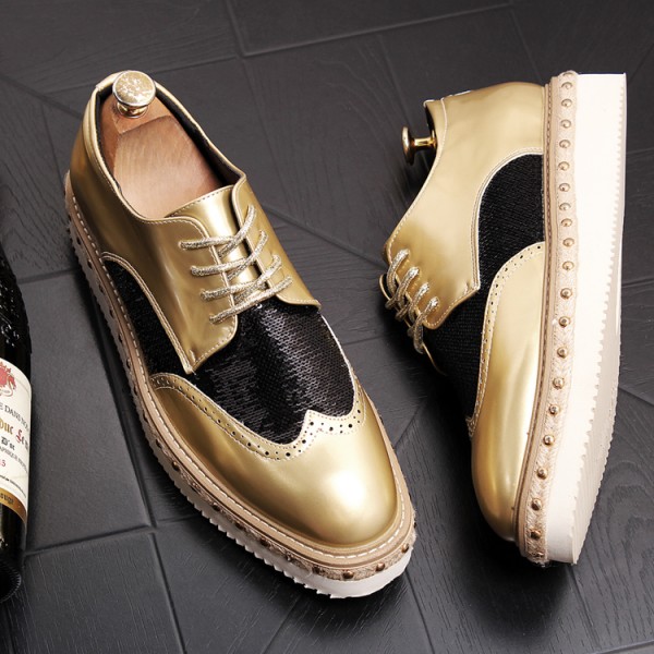Gold Sequins Lace Up Platforms Oxfords Mens Dress Shoes Flats