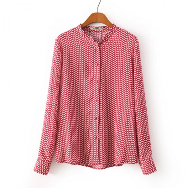Red White Leaves Pattern Cotton Long Sleeves Blouse Shirt