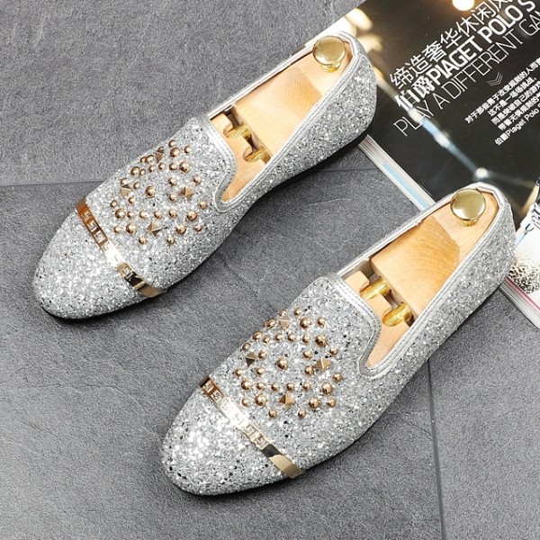 Silver Glitters Bling Bling Gold Studs Loafers Dress Dapper Man Shoes Flats