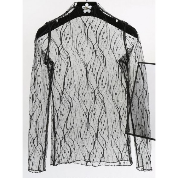 Black Fishnet Fish Net Lace Sheer Long Sleeves Turtleneck Layering Shirt