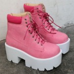 Pink Lace Up Chunky White Sole Block Platforms Boots Shoes