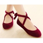Burgundy Velvet Ankle Lace Up Ballerina Ballet Flats Shoes