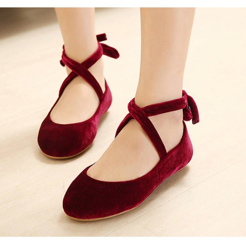 Burgundy Velvet Ankle Lace Up Ballerina Ballet Flats Shoes