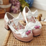 Pink White Strawberry Bells Bow Lace Trim Lolita Sweet Mary Jane Heels Shoes