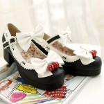 Black White Strawberry Bells Bow Lace Trim Lolita Sweet Mary Jane Heels Shoes