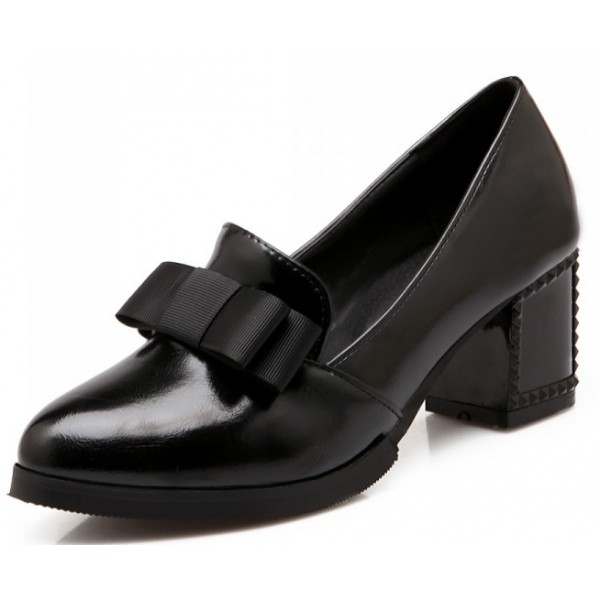 Black Patent Bow High Studs Heels Dress Shoes