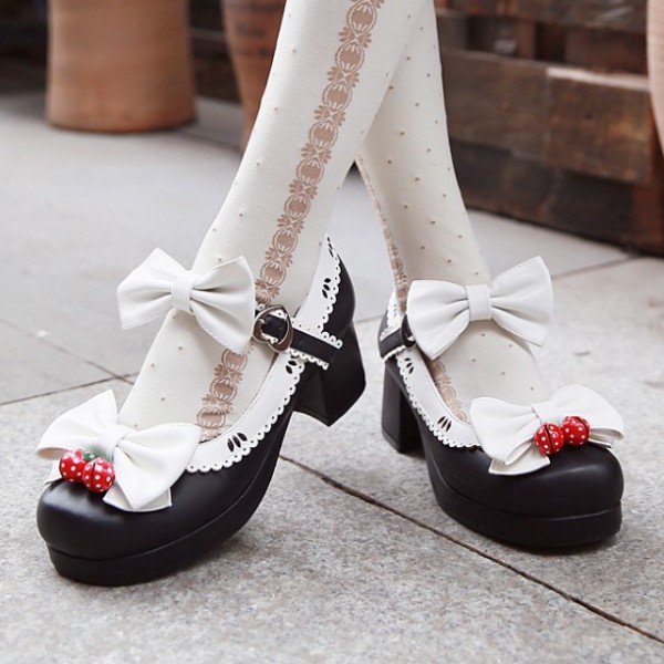 Black White Strawberry Bells Bow Lace Trim Lolita Sweet Mary Jane Heels Shoes
