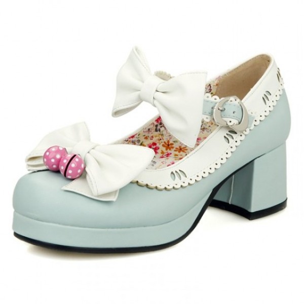 Blue White Strawberry Bells Bow Lace Trim Lolita Sweet Mary Jane Heels Shoes