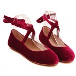Burgundy Velvet Ankle Lace Up Ballerina Ballet Flats Shoes