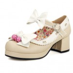 Khaki White Strawberry Bells Bow Lace Trim Lolita Sweet Mary Jane Heels Shoes