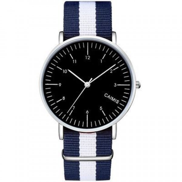 Blue White Stripes Nylon Strap Round Black Dial Watch Silver Case 40mm 36 mm