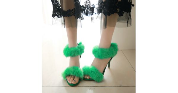 green fluffy heels