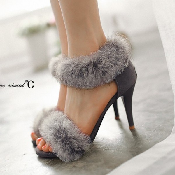 Grey Suede Rabbit Fur Flurry Sexy High Stiletto Heels Sandals Shoes