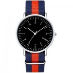 Red Blue Stripes Nylon Strap Round Black Dial Watch Silver Case 40mm 36 mm