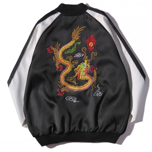 Black Double Dragon Embroidery Mens Aviator Baseball Yokosuka Bomber Jacket