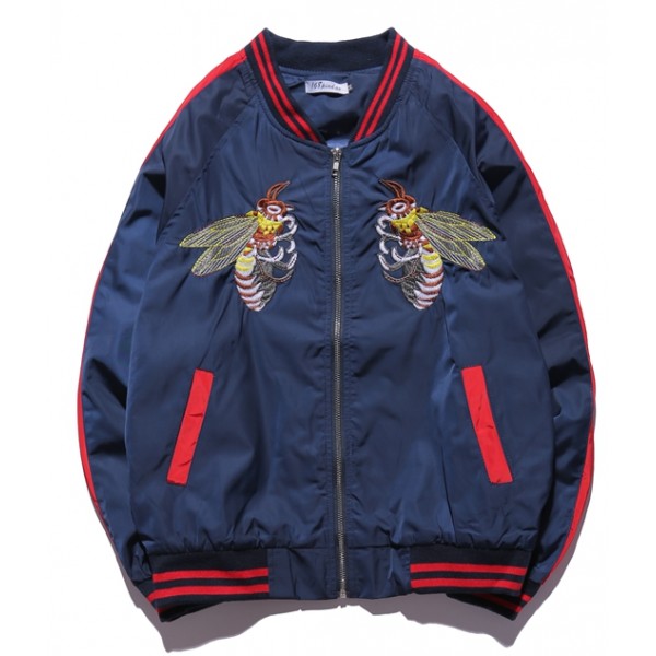 Blue Navy Bees Embroidery Mens Aviator Baseball Yokosuka Bomber Jacket