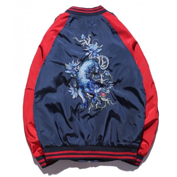 Blue Navy Leopard Embroidery Mens Aviator Baseball Yokosuka Bomber Jacket