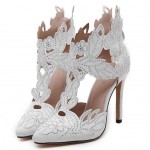 White Satin Flowers Leaves Rhinestones Point Head Bridal Evening High Stiletto Heels Shoes
