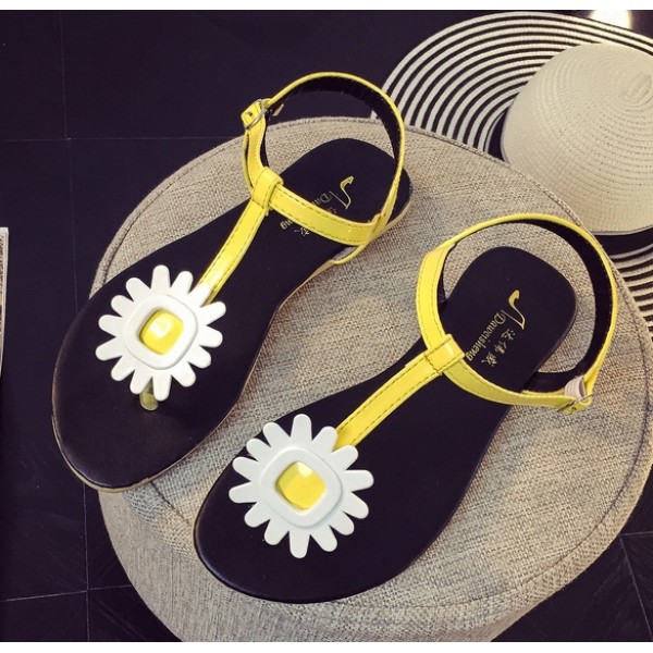 White Yellow Flower T Strap Summer Beach Bohemian Flip Flops Sling Back Flats Sandals