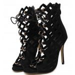 Black Suede Cage Hollow Out Lace Up Stiletto High Heels Sandals Shoes