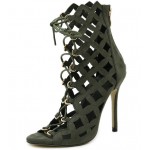 Green Suede Cage Hollow Out Lace Up Stiletto High Heels Sandals Shoes