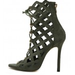 Green Suede Cage Hollow Out Lace Up Stiletto High Heels Sandals Shoes