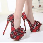 Red Tartan Scotland Plaid Checks Bow Platforms Stiletto High Heels Shoes