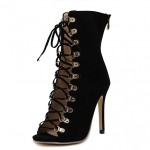 Black Suede Lace Up Gladiator Sneakers High Top High Stiletto Heels Sandals Shoes