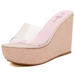Pink Glitter Bling Bling Transparent Platforms Wedges Sandals Bridal Shoes