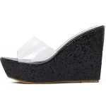 Black Glitter Bling Bling Transparent Platforms Wedges Sandals Bridal Shoes