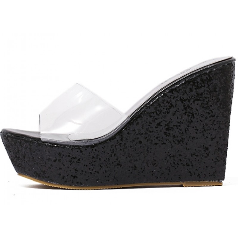 black sparkle wedge shoes