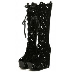 Black Suede Florals Flowers Hollow Out Lace Up Platforms Wedges Knee Boots