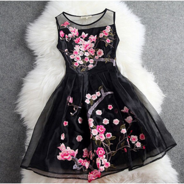 Black Sleeveless Organza Short Prom Flower Embroidery Wedding Cocktail Party Dress 