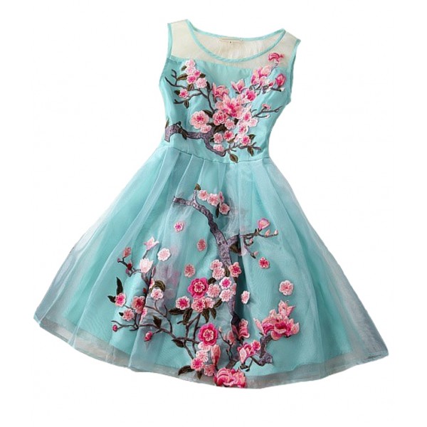 Blue Sleeveless Organza Short Prom Flower Embroidery Wedding Cocktail Party Dress 