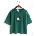 Cropped Mid Sleeves Harajuku Cat and Me Embroidery T Shirt