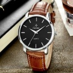 Brown Faux Leather Strap Round Black  Dial Classy Vintage Watch Silver Case 40mm