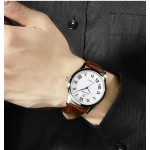 Brown Faux Leather Strap Round Roman Numbers Vintage Watch Silver Case 40mm