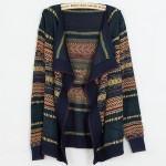 Blue Navy Tribal Enthic Pattern Long Sleeves Batwing Cardigan Outer Coat