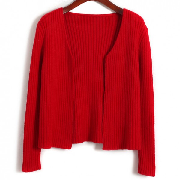 Red Knitted Long Sleeves Cropped Cardigan Outer Jacket