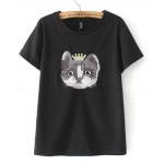 Black Cat in Crown Short Sleeves Embroidery T Shirt