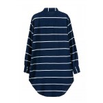 Navy Blue Stripes Vintage Retro Cotton Long Sleeves Blouse Shirt