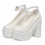 White Mary Jane Round Head Ankle Straps Lolita Punk Rock Platforms High Heels Shoes