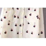 Cream Burgundy Owls Retro Pattern Long Sleeves Blouse Shirt