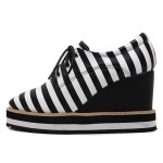Black White Stripes Lace Up Platforms Wedges Oxfords Shoes