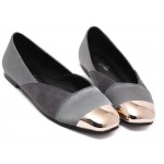 Grey Satin Suede Gold Metal Blunt Cap Ballet Flats Ballerina Shoes